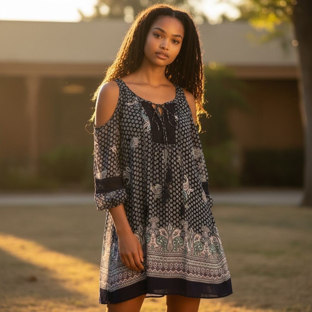 DR2 Daniel Rainn Navy Boho Cold Shoulder Paisley Lace Trim Dress sz L